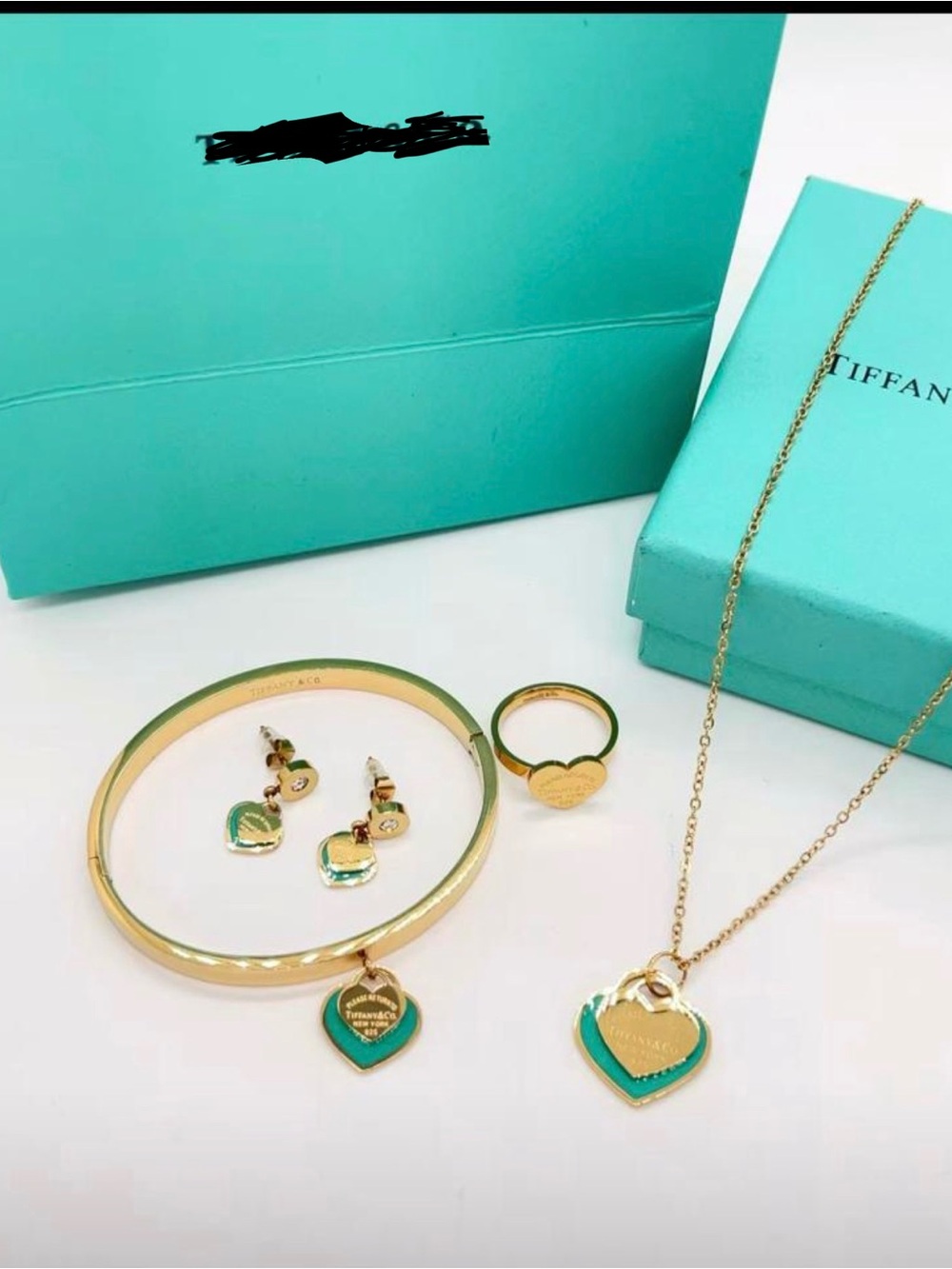 Stainless steel Gold Plated and Turquoise Heart Charm Jewelry Set